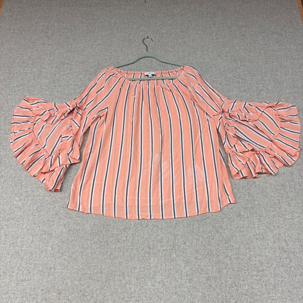 Fever | Striped Ruffle Bell Sleeve Blouse | Large | Coral Pink Navy | Boho Top